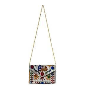 Boho Embroidered Envelope -Crossbody Bag White Multicolor Beaded Festival Purse